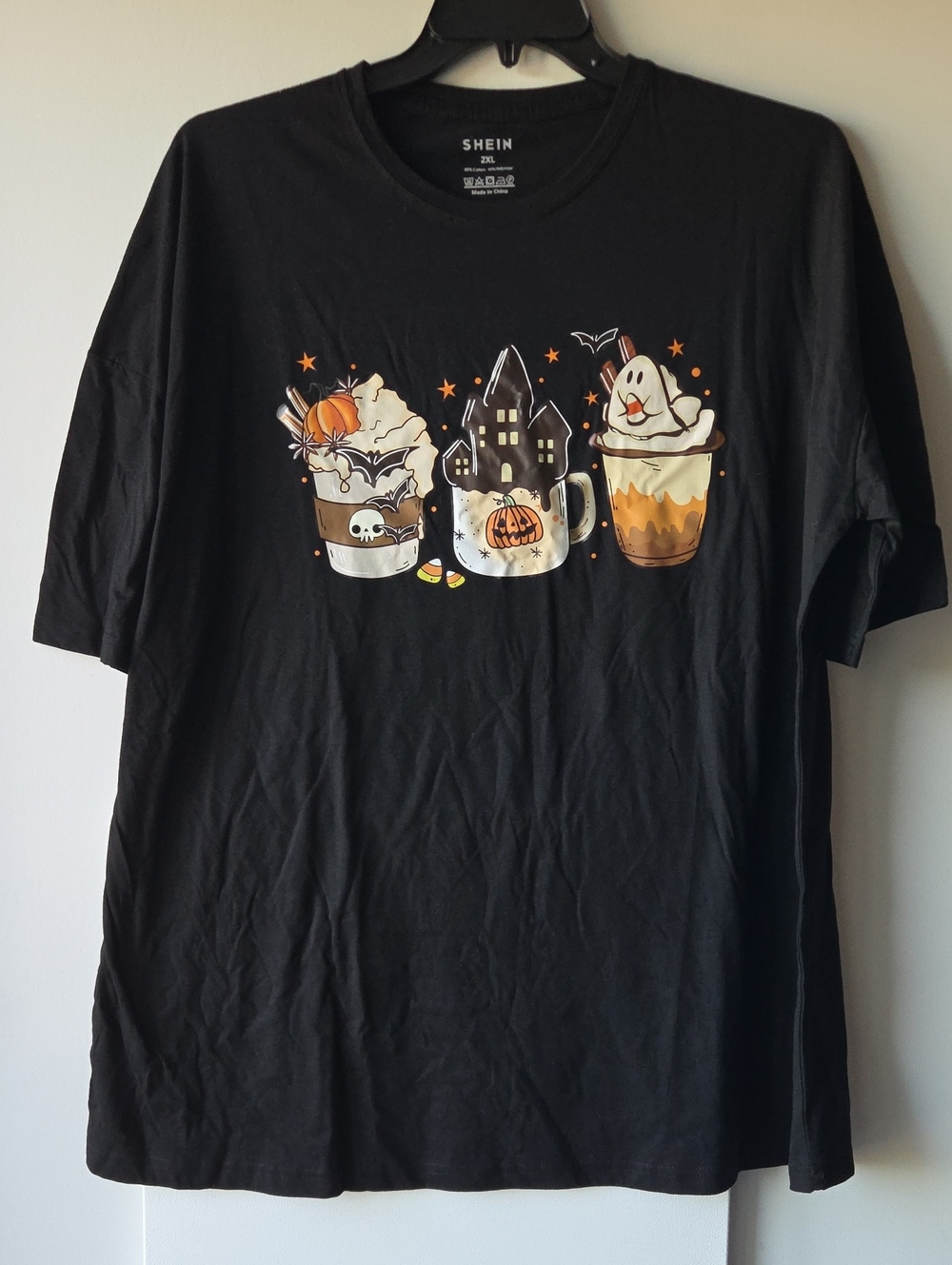 SHEIN Black Halloween Beverage Graphic Tee with Orange & Cream Accents